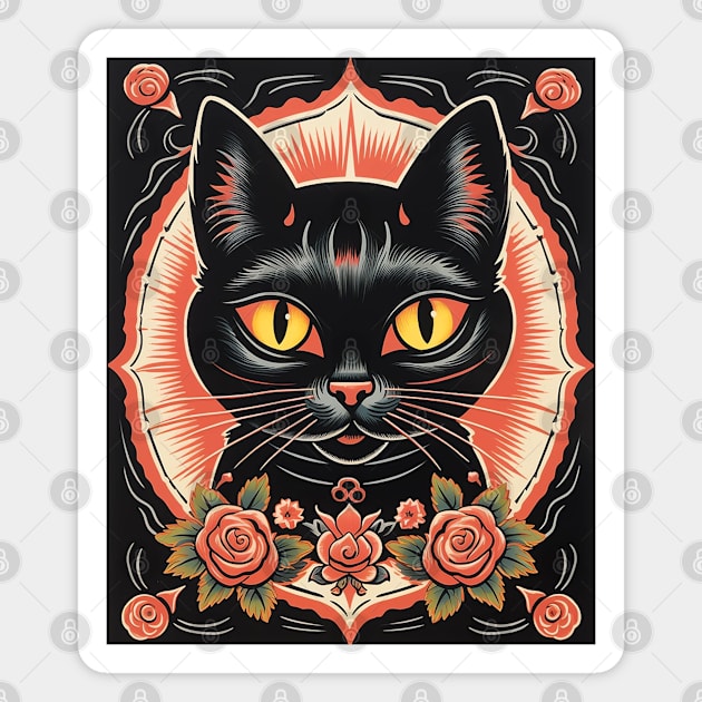 Vintage Retro Black Cat Roses Magnet by AI Art Originals